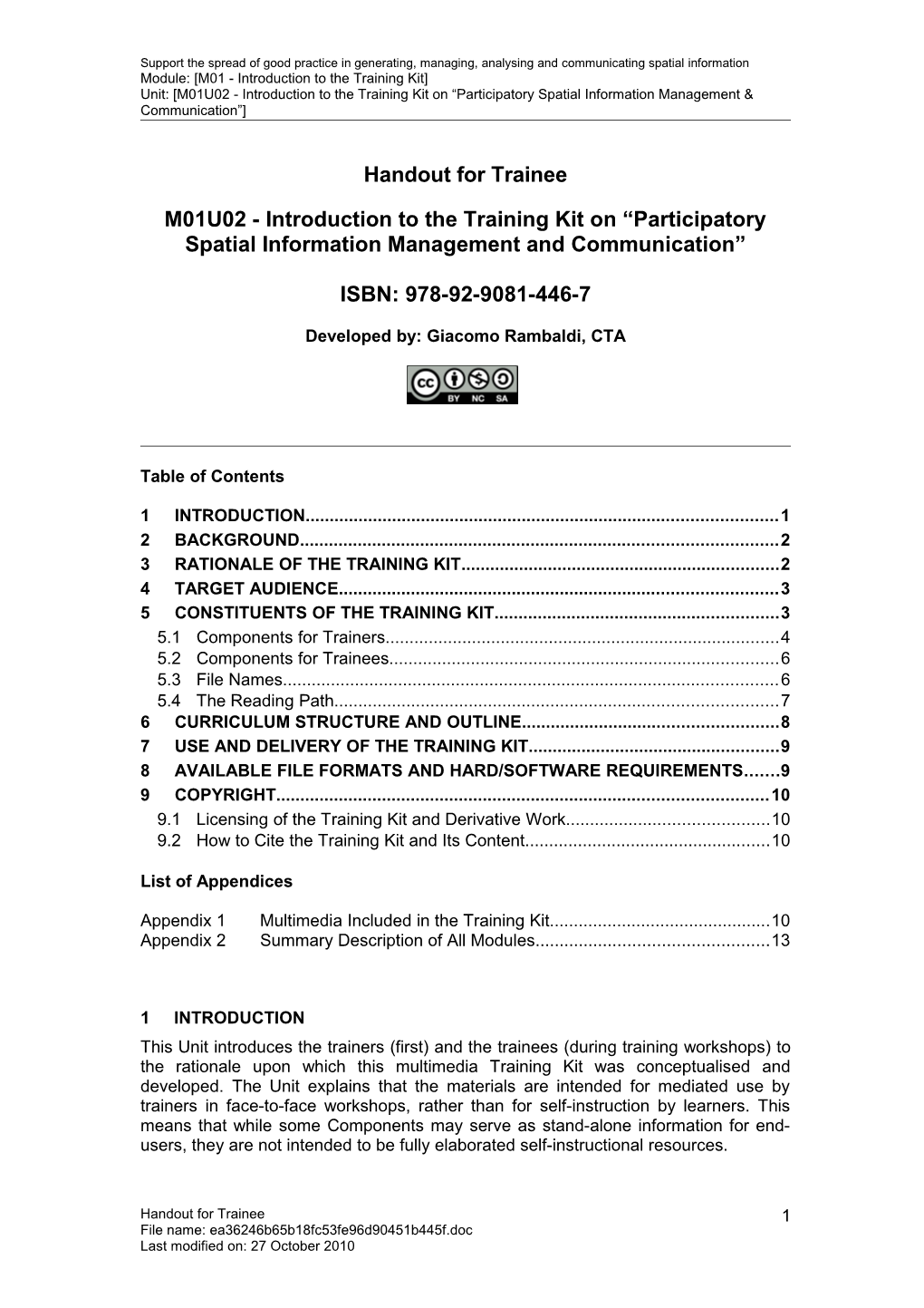 Handout for Trainee - Introduction to the Training Kit