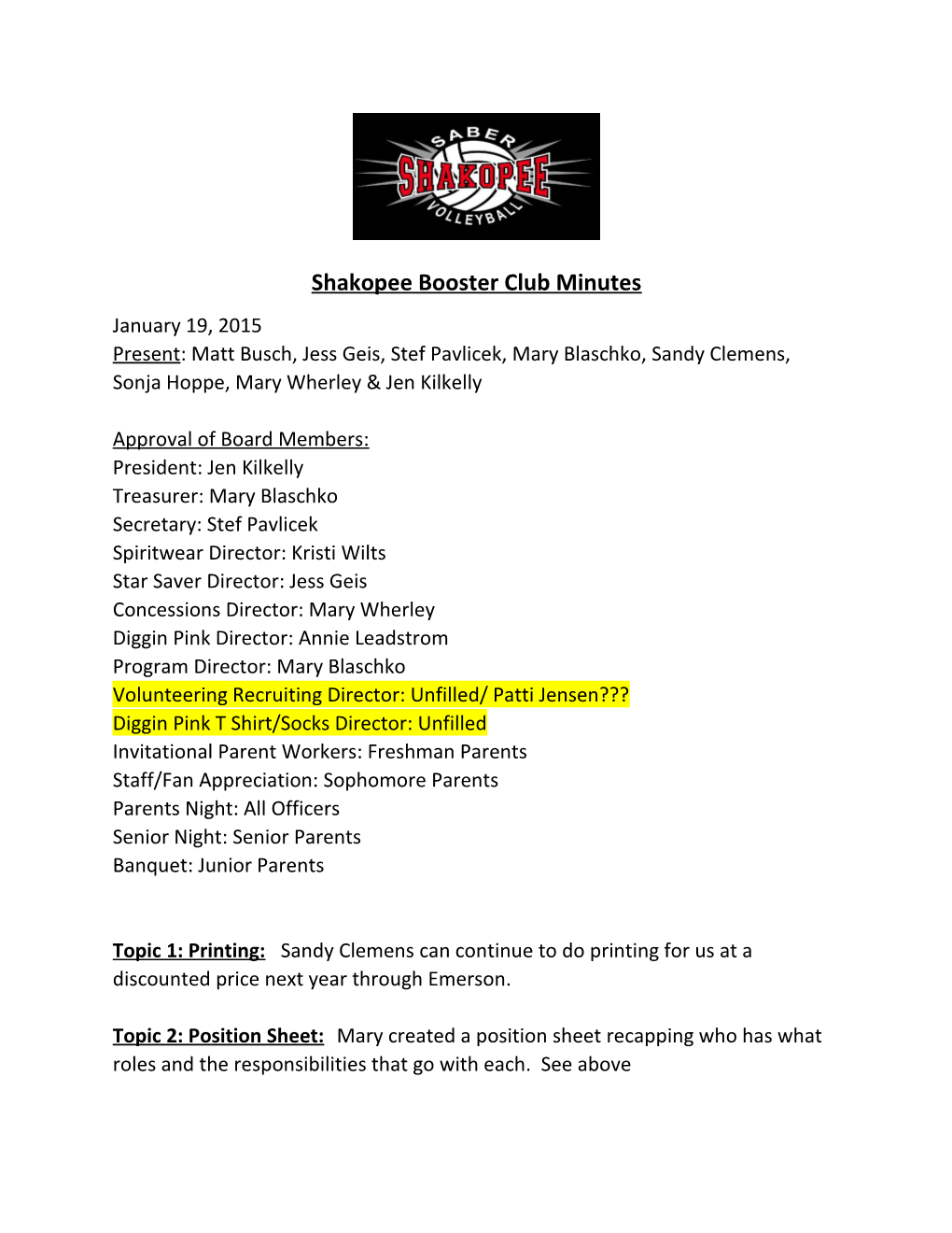 Shakopee Booster Club Minutes