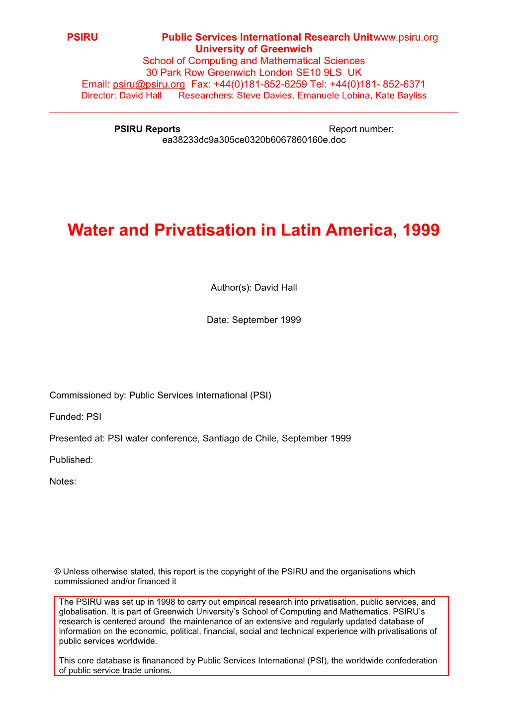 Water and Privatisation in Latin America, 1999