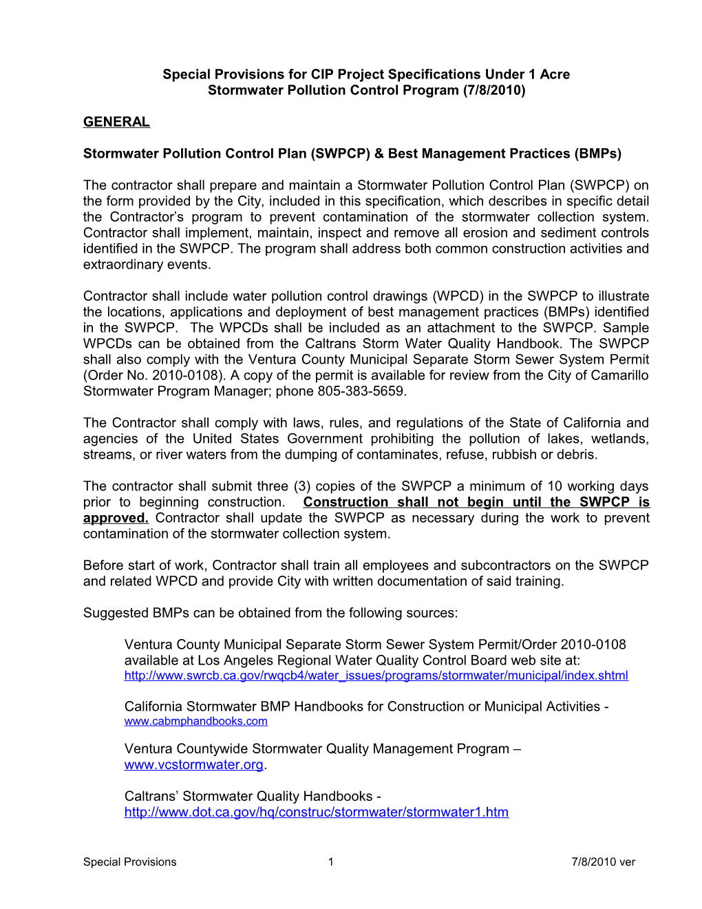 Public Agency Specification Stormwater Conditions