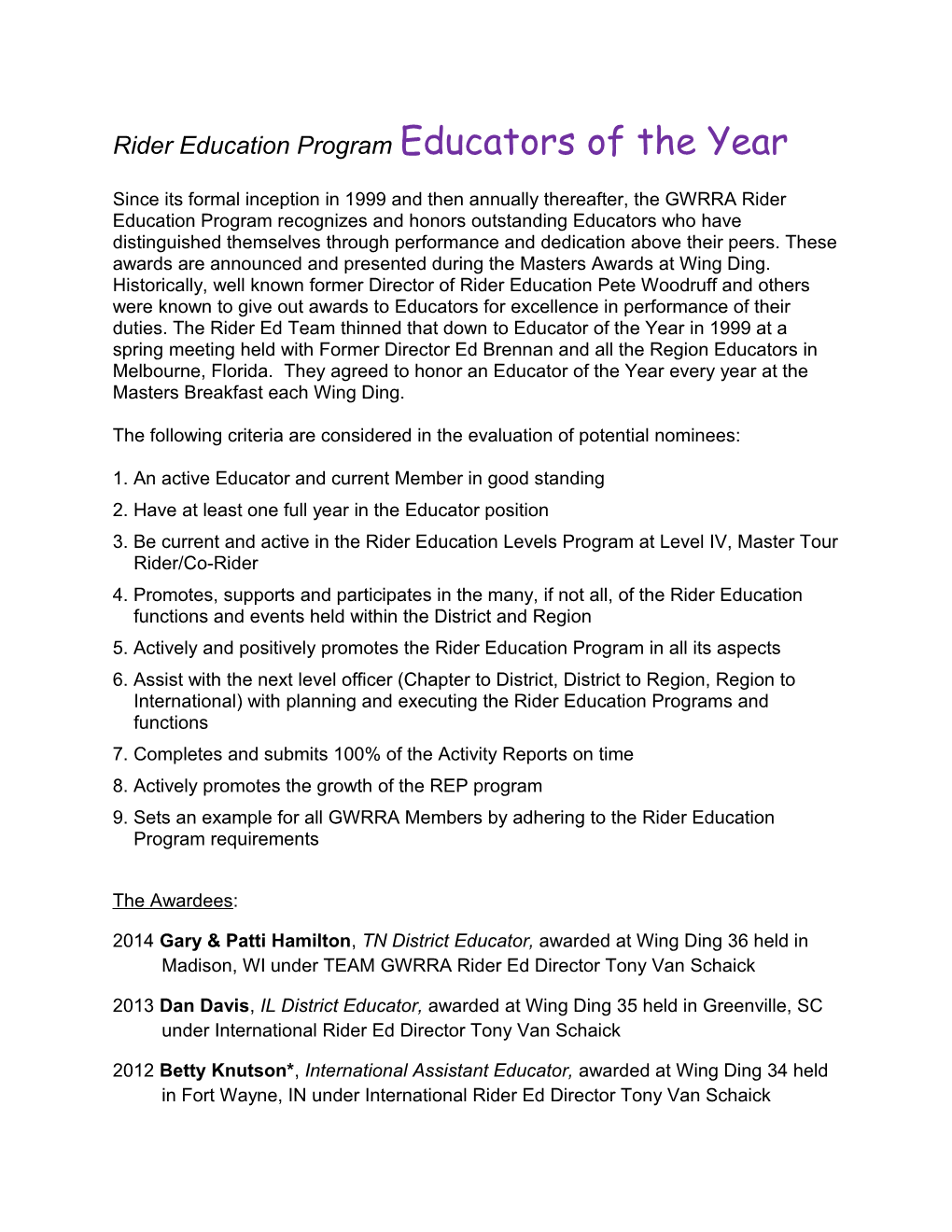 Rider Education Programeducators of the Year