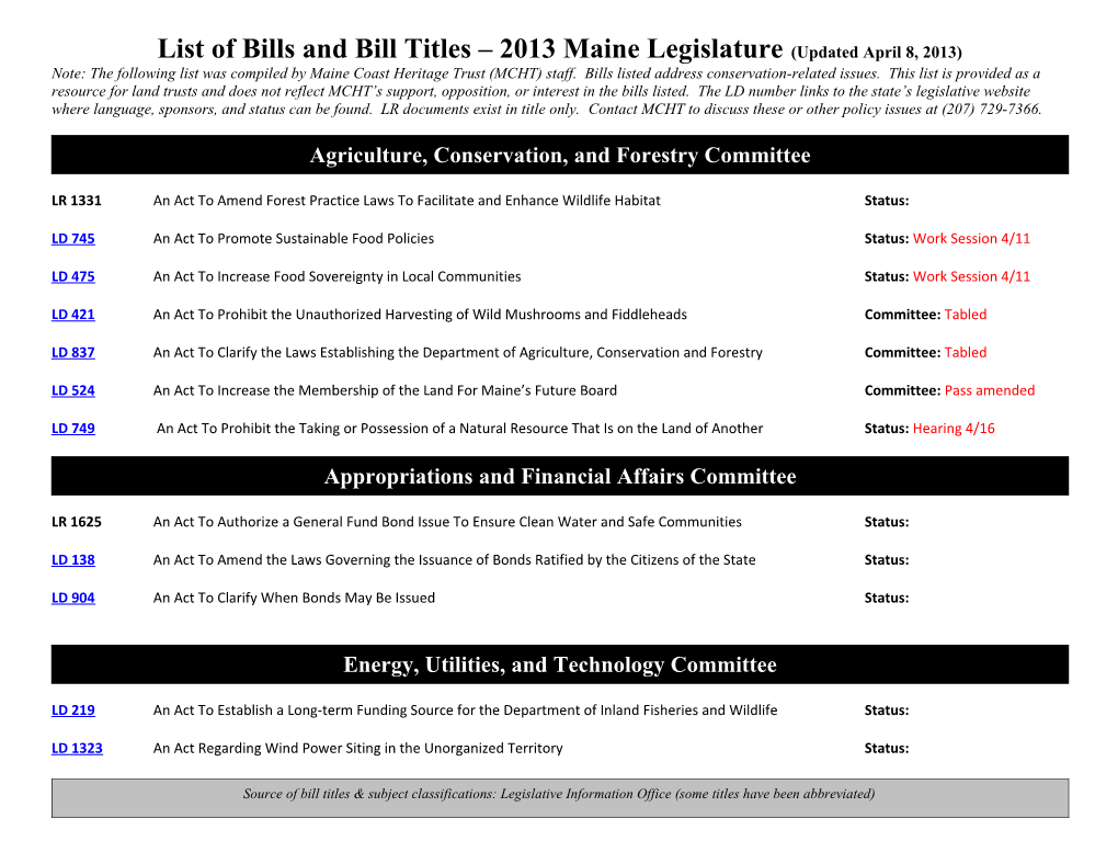 List of Bills and Bill Titles 2013 Maine Legislature(Updated April 8, 2013)