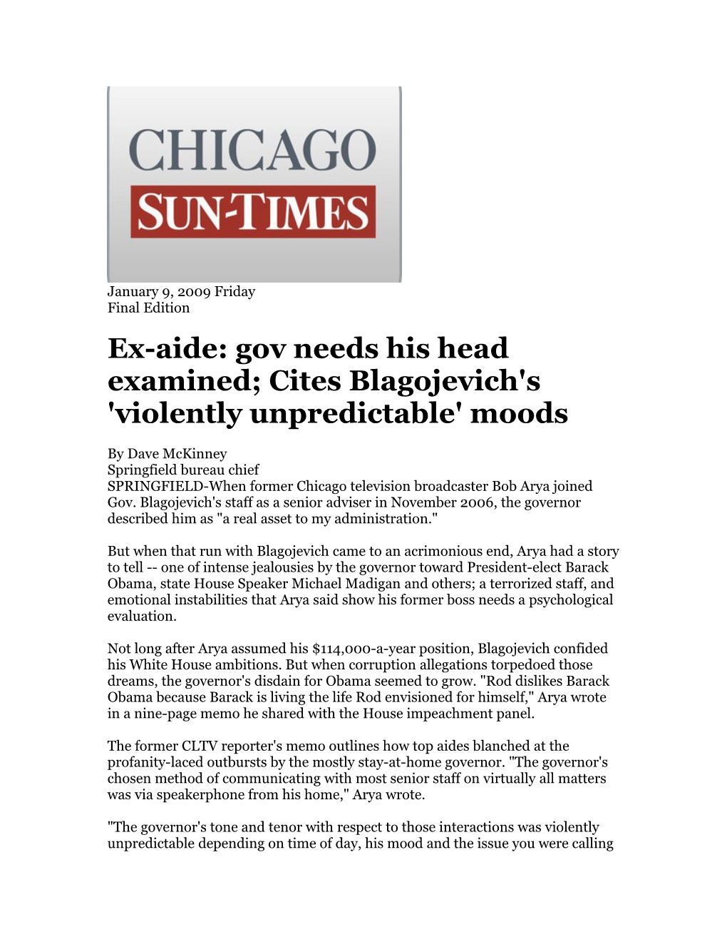 Ex-Aide: Gov Needs His Head Examined; Cites Blagojevich's 'Violently Unpredictable' Moods