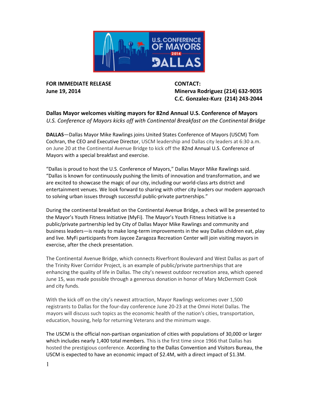 Dallas Mayor Welcomes Visiting Mayors for 82Nd Annual U.S. Conference of Mayors