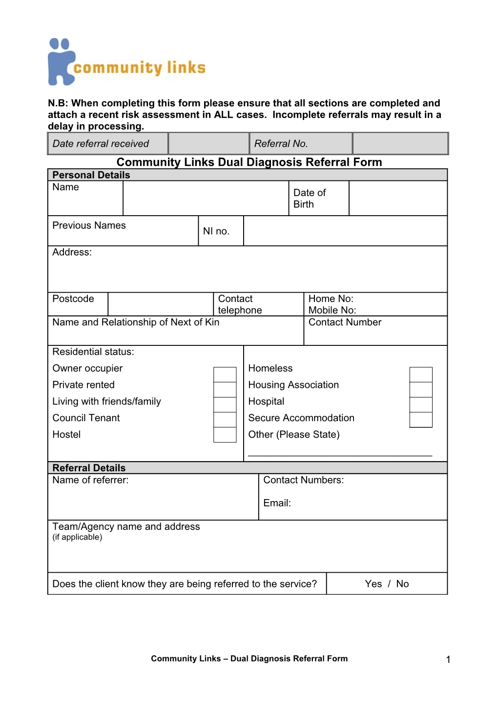 Community Links Dual Diagnosis Referral Form