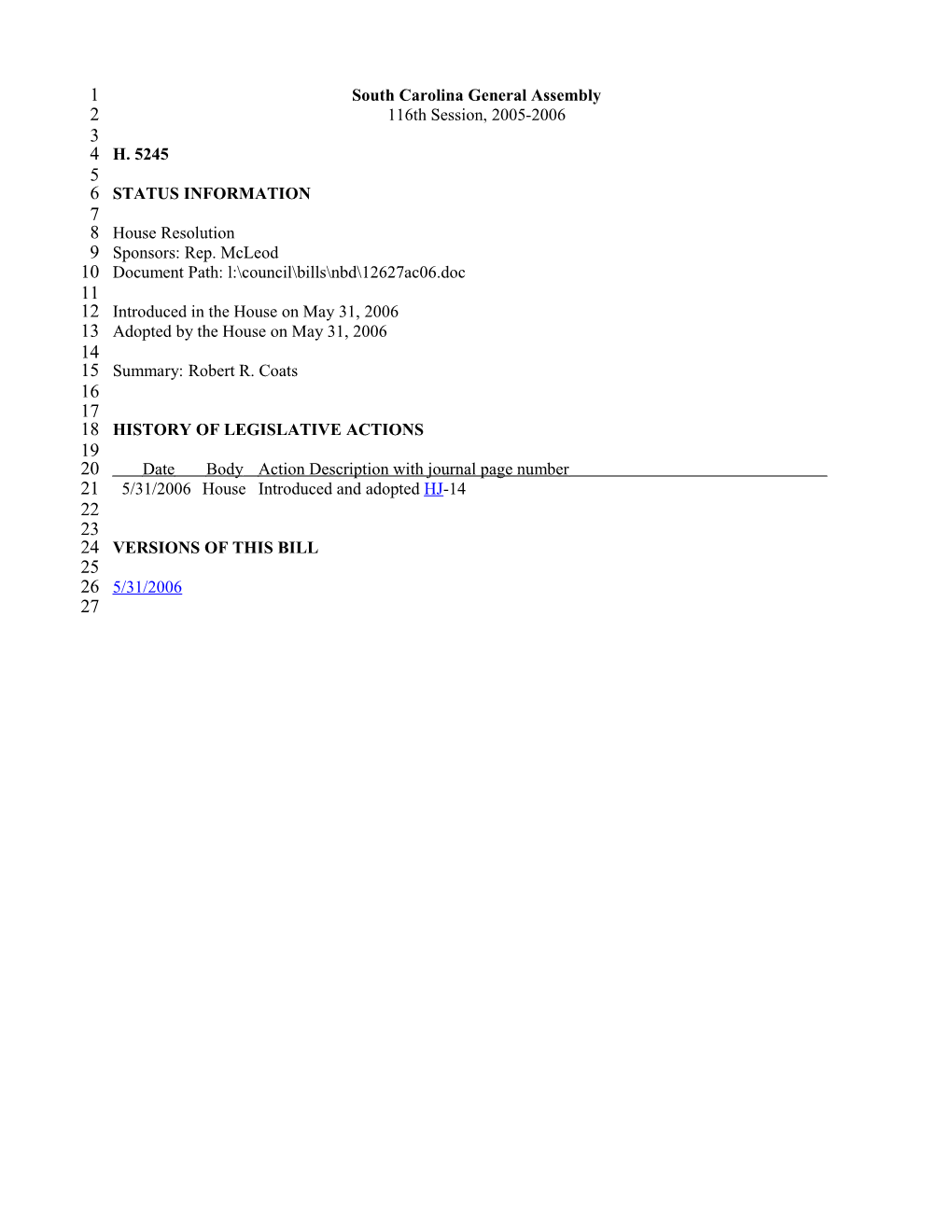 2005-2006 Bill 5245: Robert R. Coats - South Carolina Legislature Online