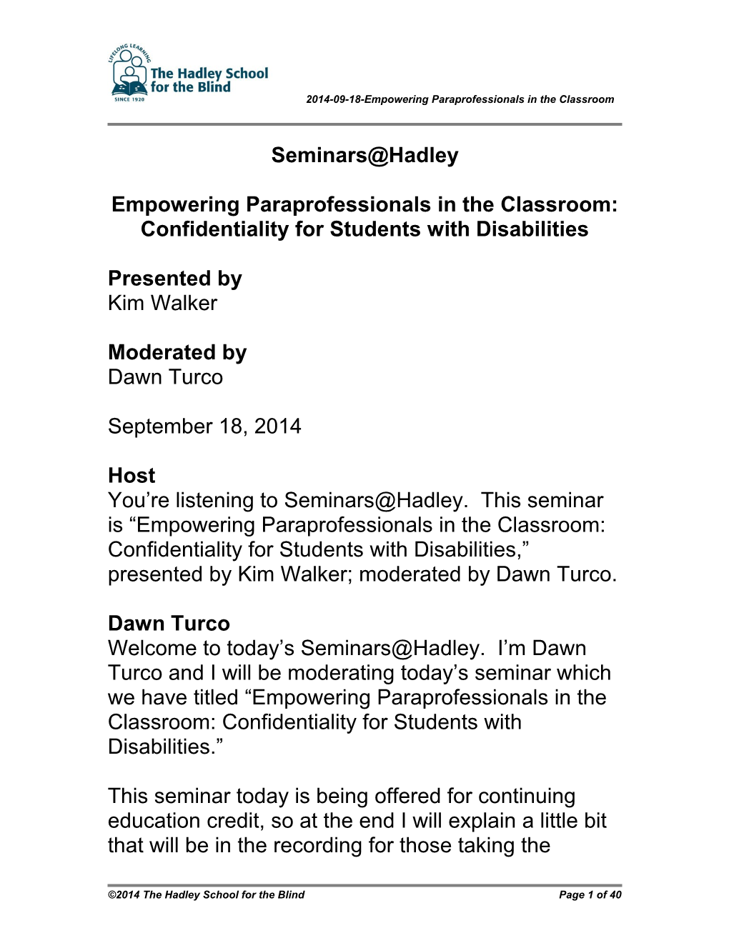 2014-09-18-Empowering Paraprofessionals in the Classroom Confidentiality for Students With