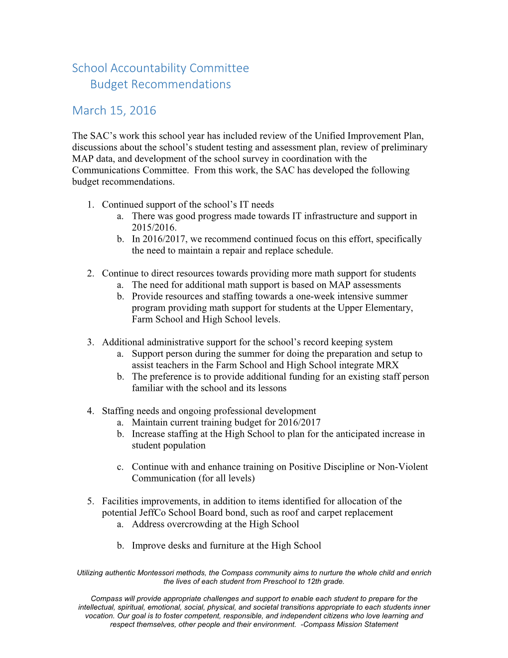 School Accountability Committee Budget Recommendations