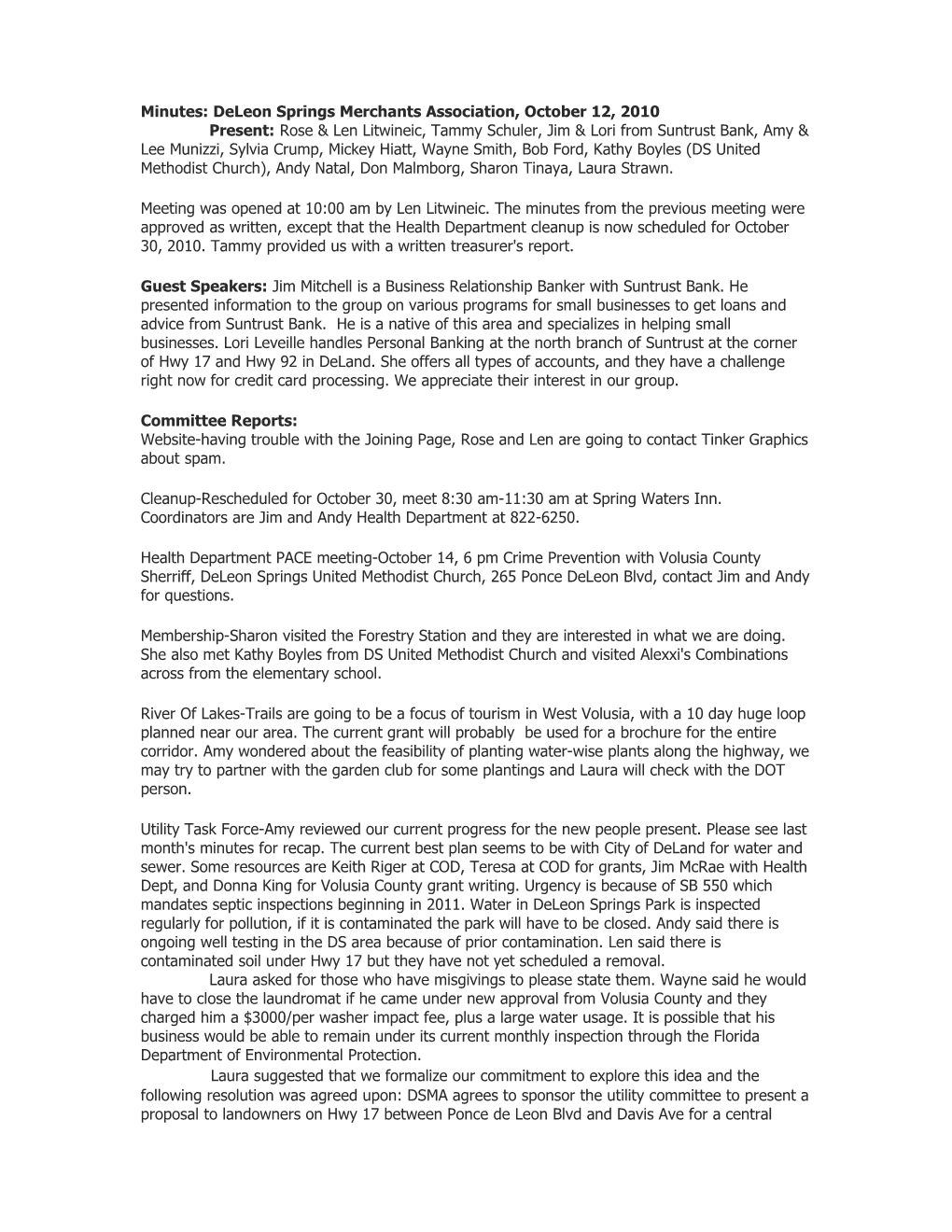 Deleon Springs Merchants Association Minutes, September 14, 2010