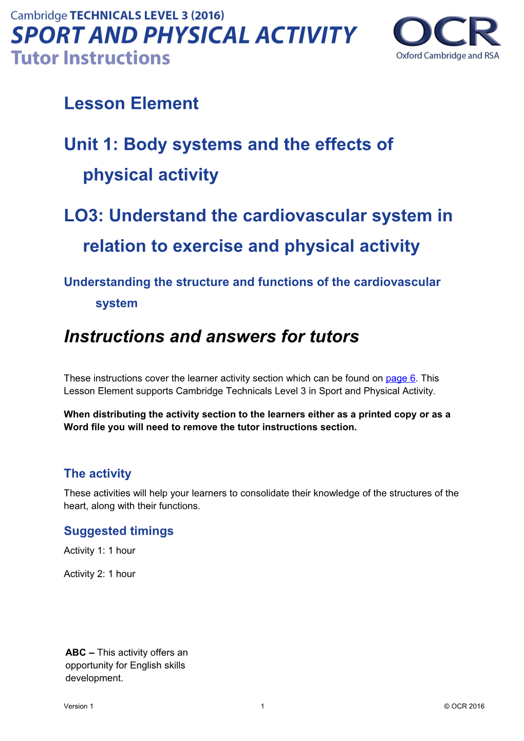 Cambridge Technicals Level 3 Sport and Physical Activity U01 Lesson Element 3