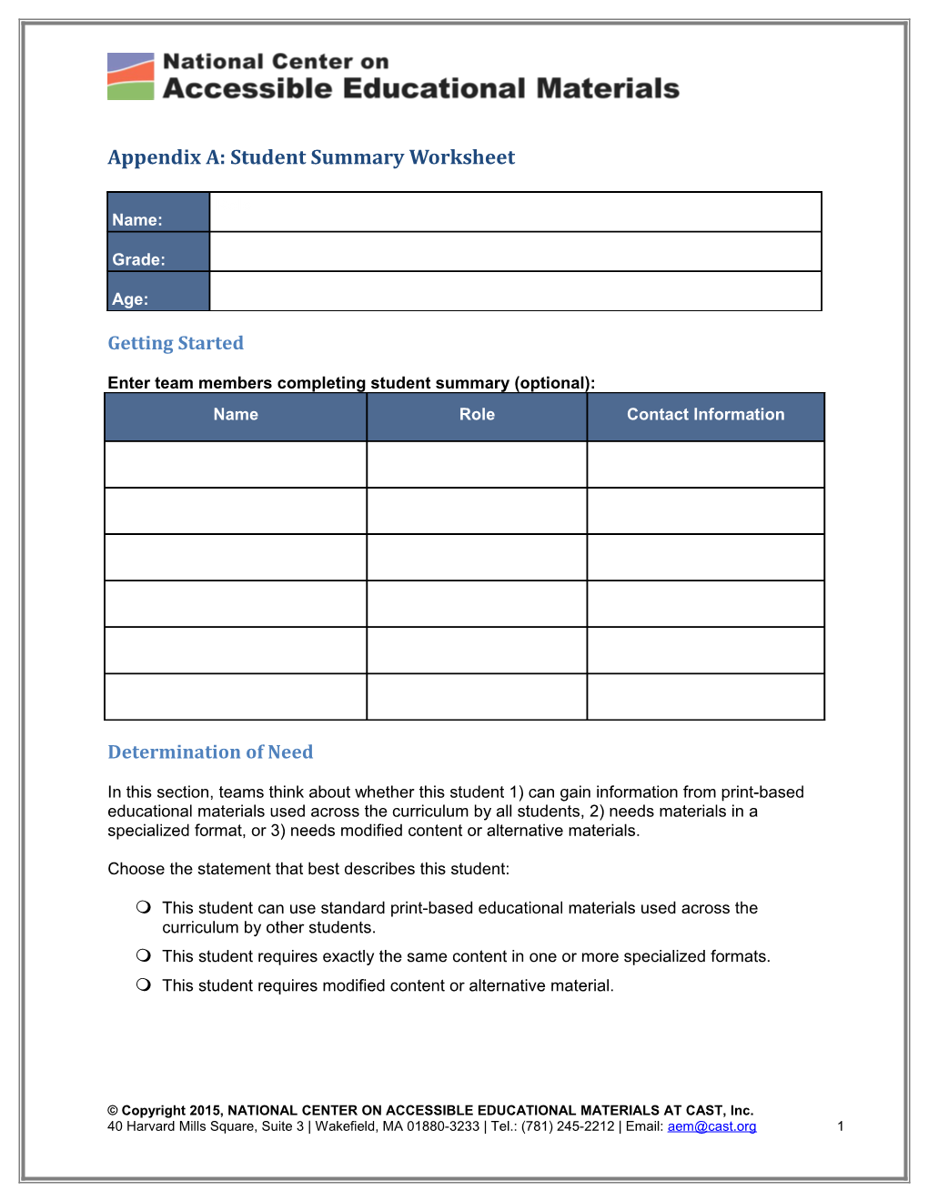 Appendix A: Student Summary Worksheet