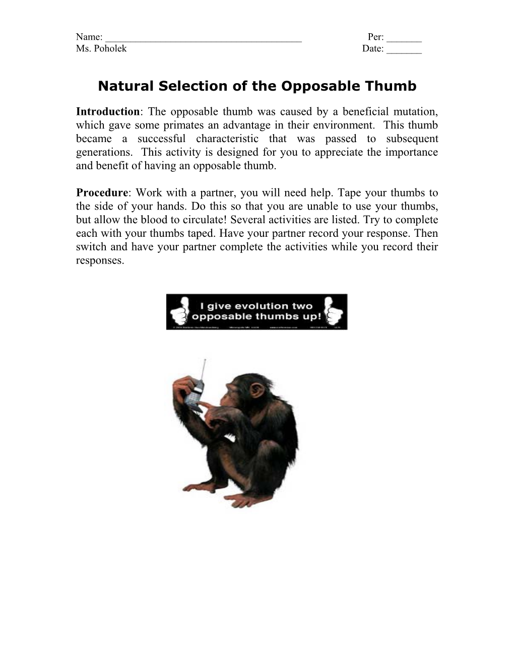 Natural Selection of the Opposable Thumb Laboratory