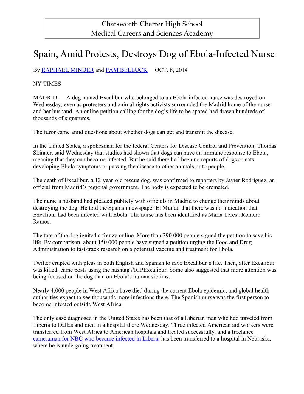 Spain, Amid Protests, Destroys Dog of Ebola-Infected Nurse