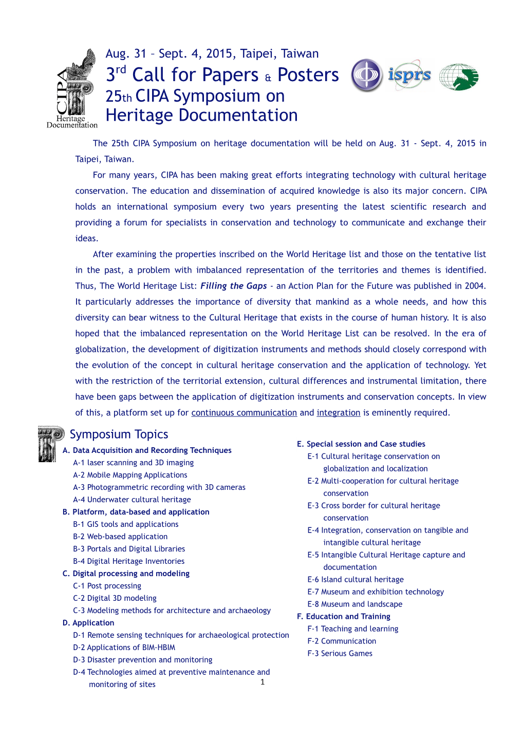 The 25Th CIPA Symposium on Heritage Documentation Will Be Held on Aug. 31 - Sept.4, 2015