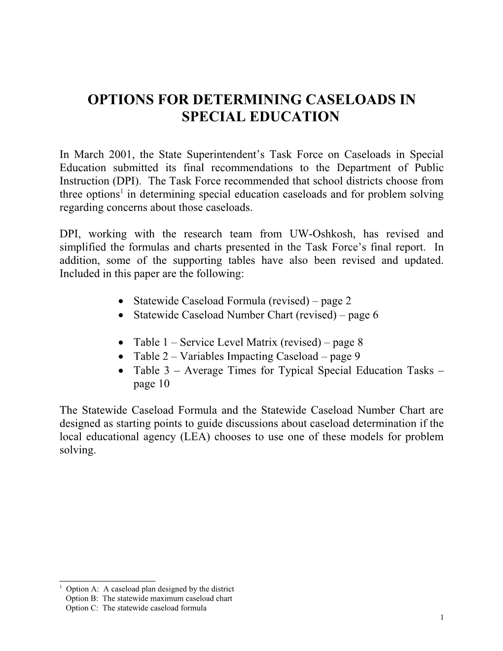 Options for Determining Caseloads in Special Education