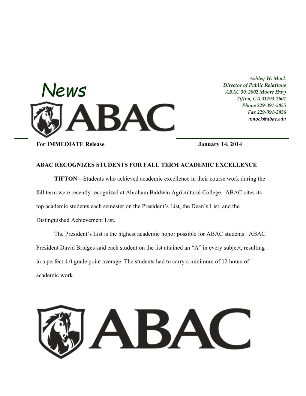 Abac Recognizes Students for Fall Term Academic Excellence