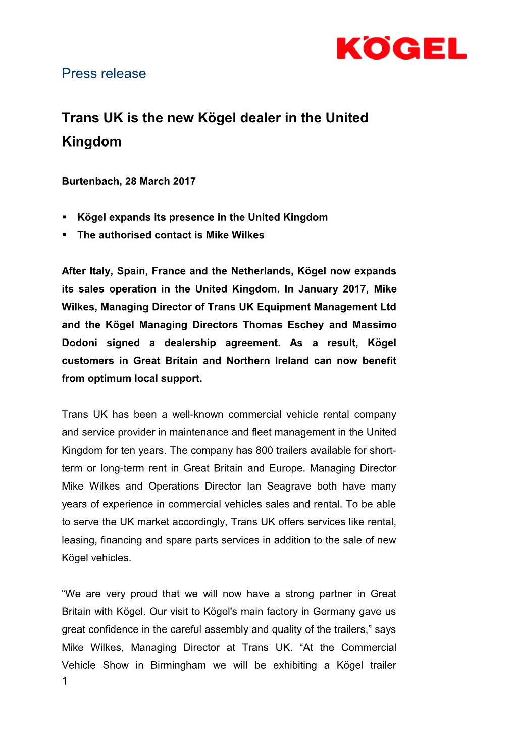 Trans UK Is the New Kögel Dealer in the United Kingdom