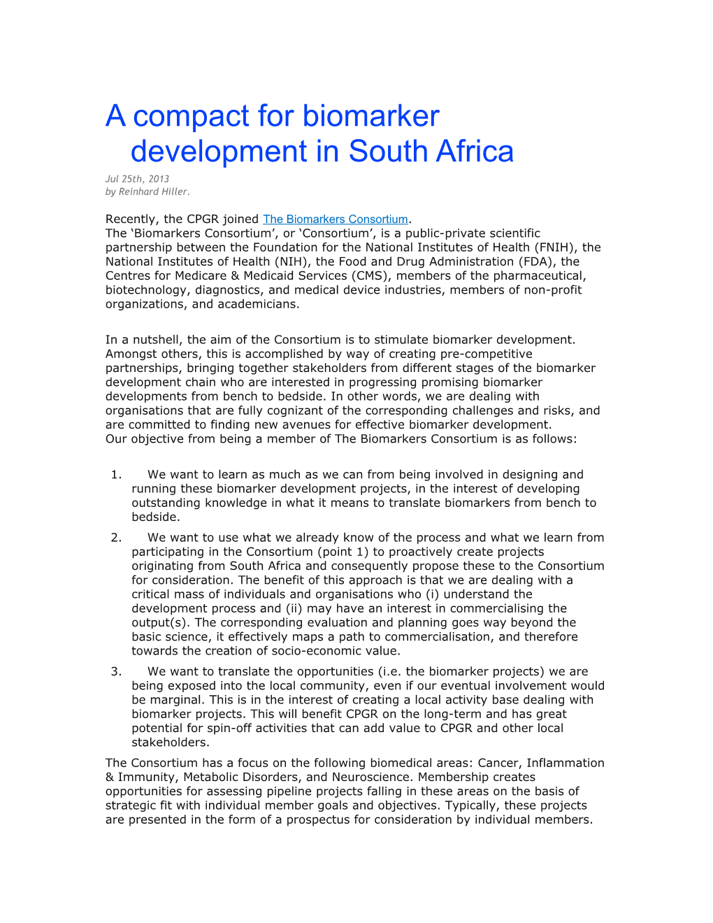 A Compact for Biomarker Development in South Africa