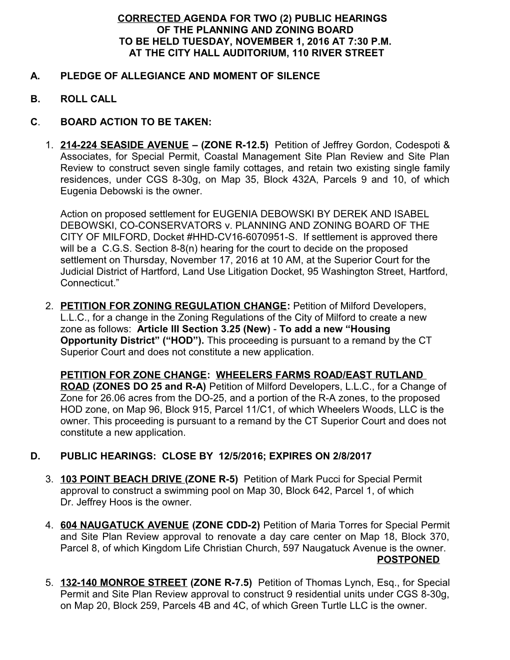 Corrected Agenda for Two (2) Public Hearings