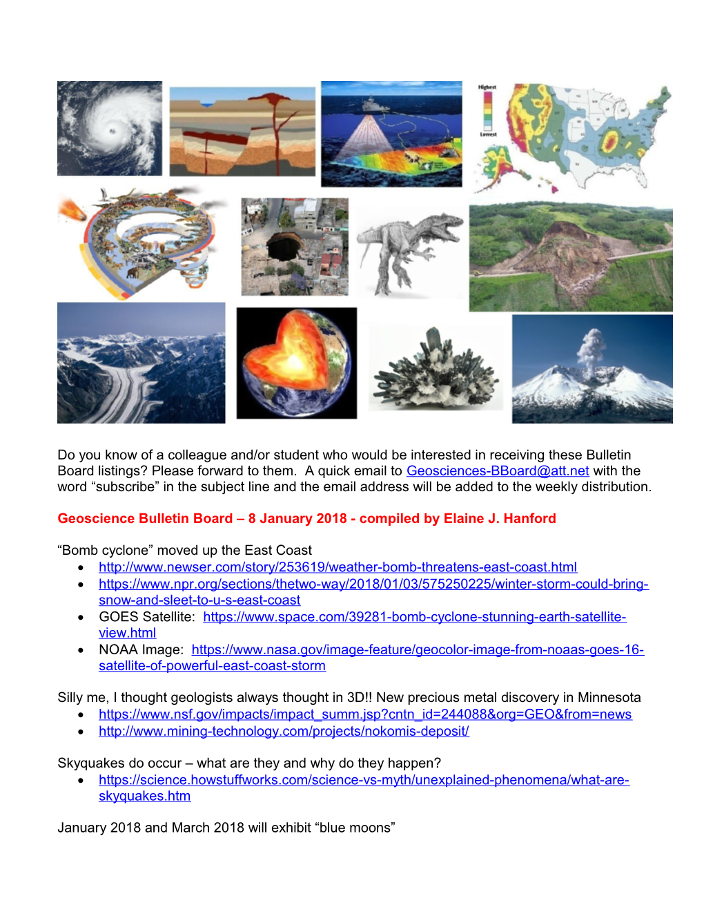 Geoscience Bulletin Board 8 January 2018- Compiled by Elaine J. Hanford