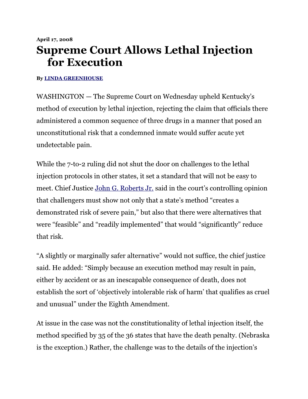 Supreme Court Allows Lethal Injection for Execution