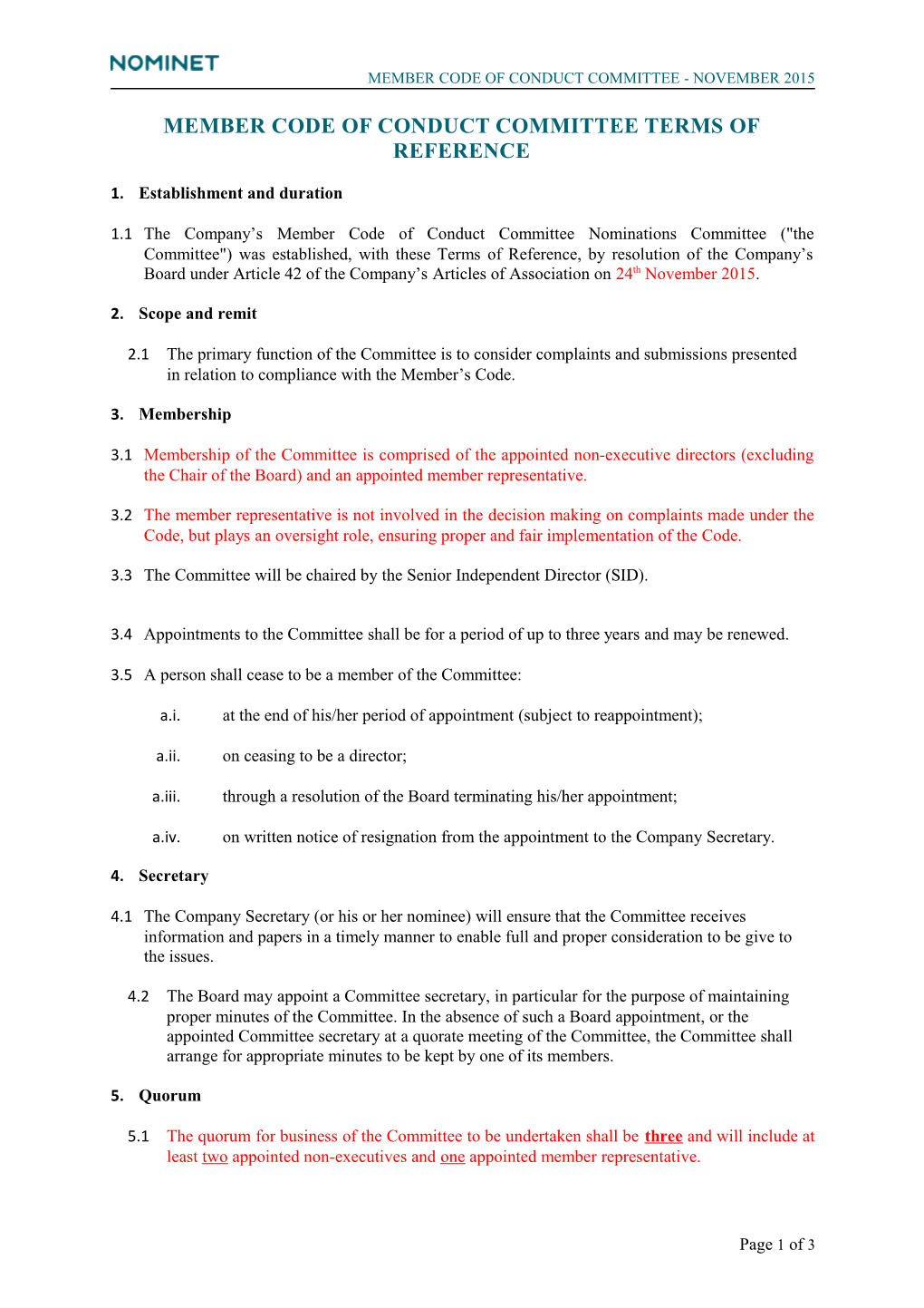 Nominations Committee Terms of Reference (Annual Review)