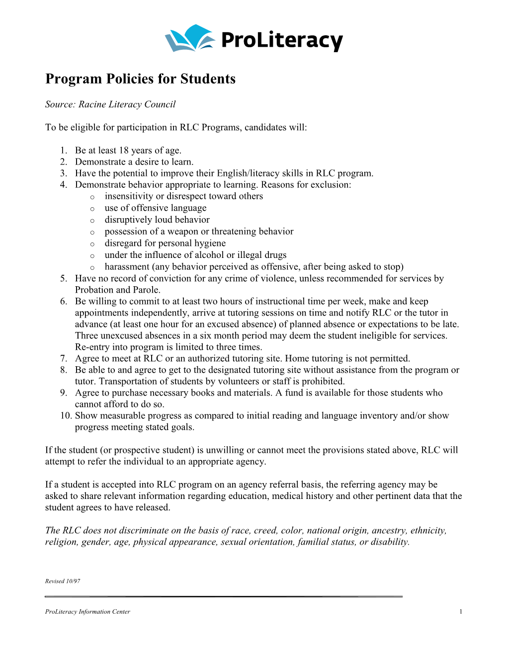Racine Literacy Council Program Policies for Students