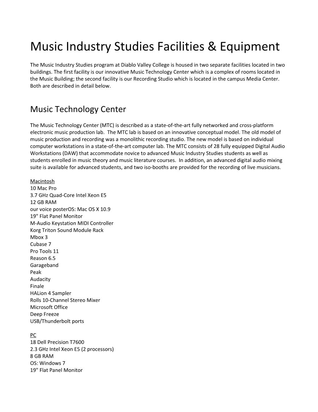 Music Industry Studies Facilities & Equipment