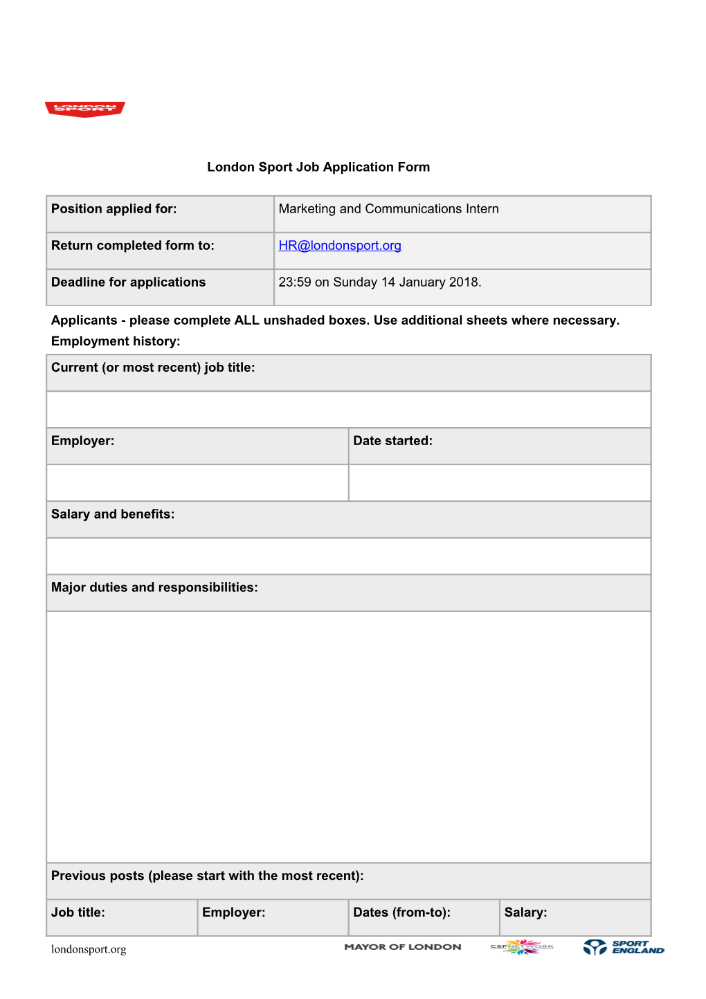 London Sport Job Application Form