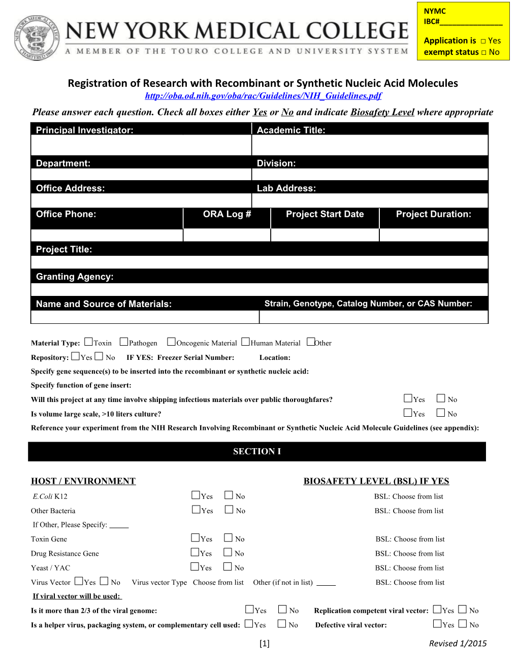 Registration of Research Withrecombinant Or Synthetic Nucleic Acid Molecules