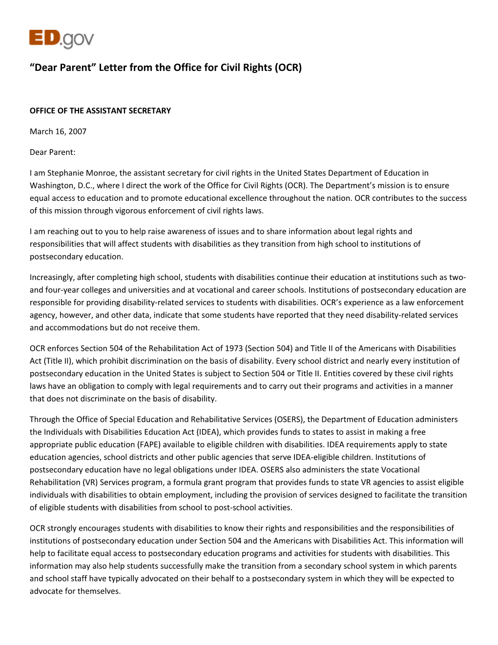 Dear Parent Letter from the Office for Civil Rights (OCR)