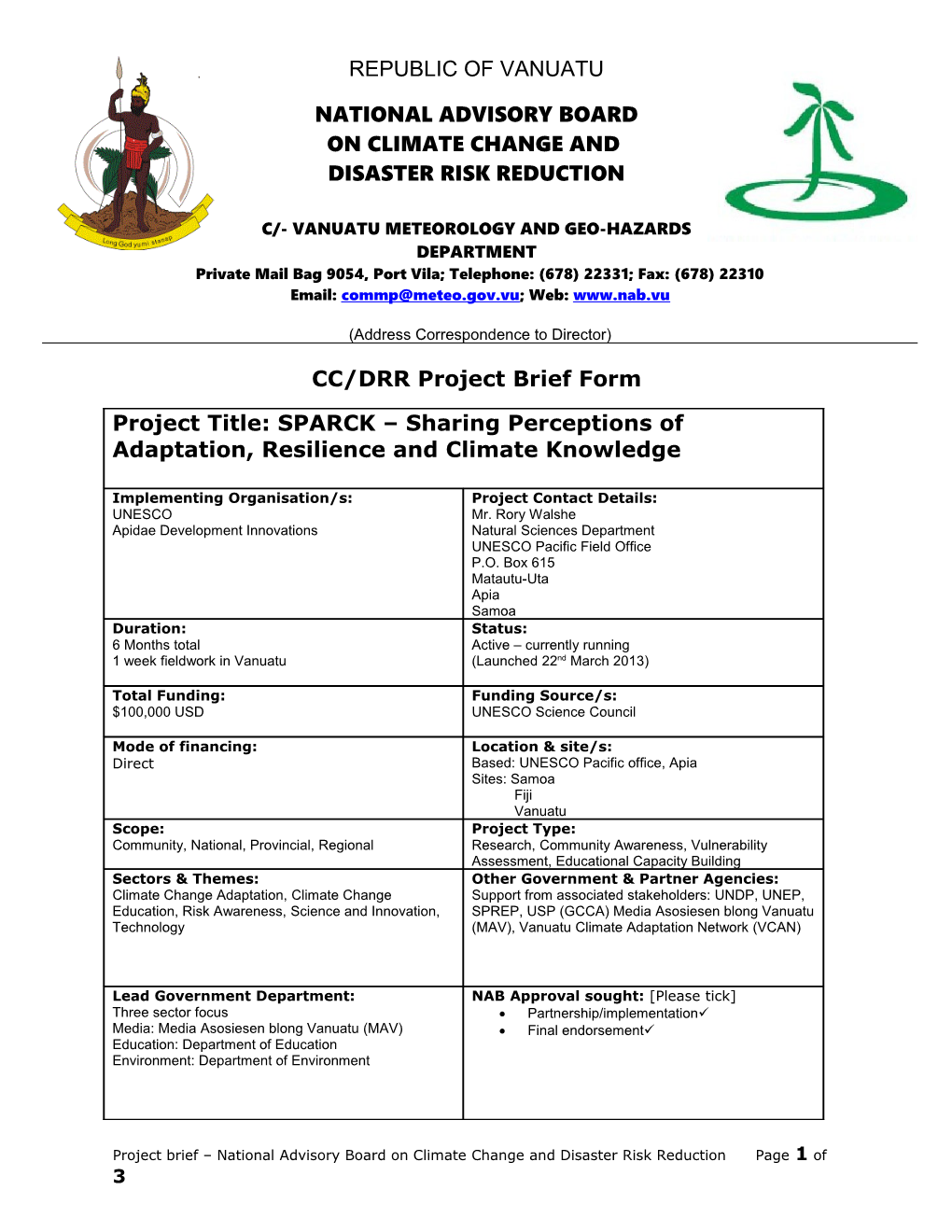 CC/DRR Project Brief Form