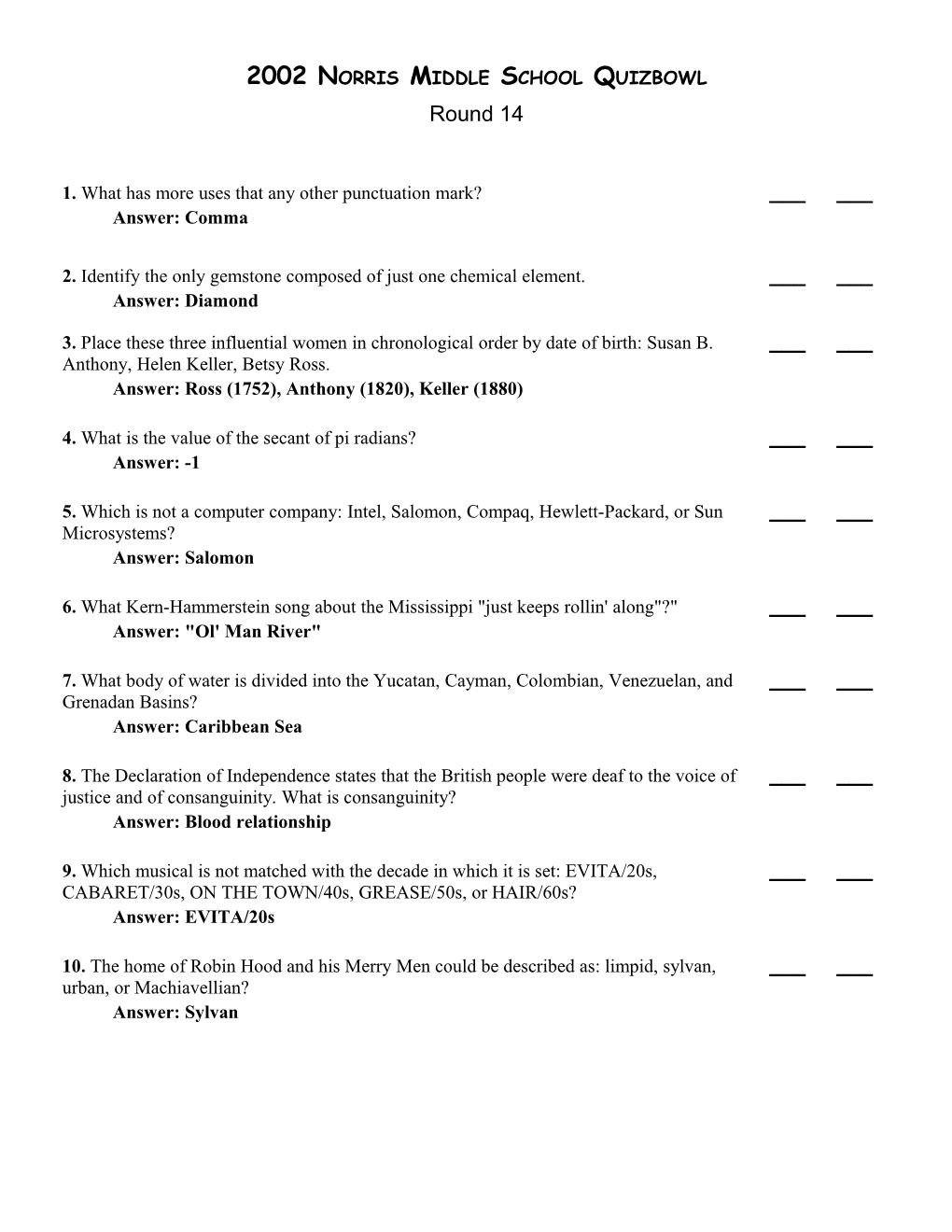 Norrismiddle School Quizbowl 1Question Set 14