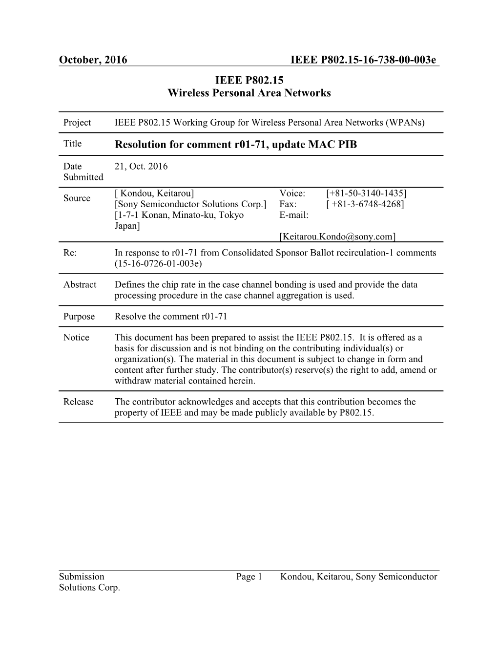 Resolution for Comment R01-71, Update MAC PIB