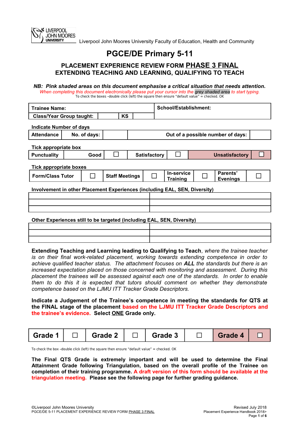 Placement Experience Review Form Phase 3 Final