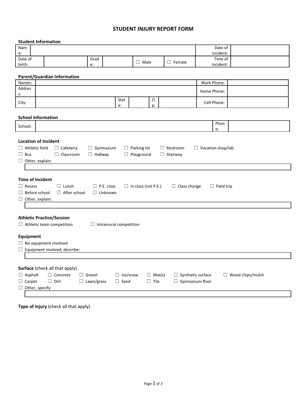 Student Injury Report Form