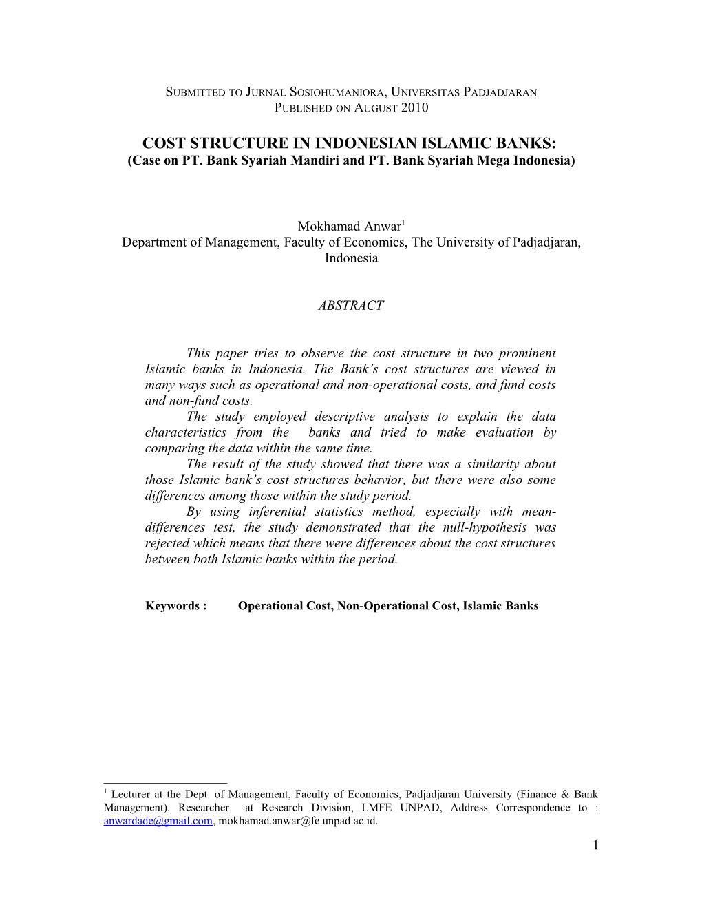 Cost Structure in Indonesian Islamic Banks