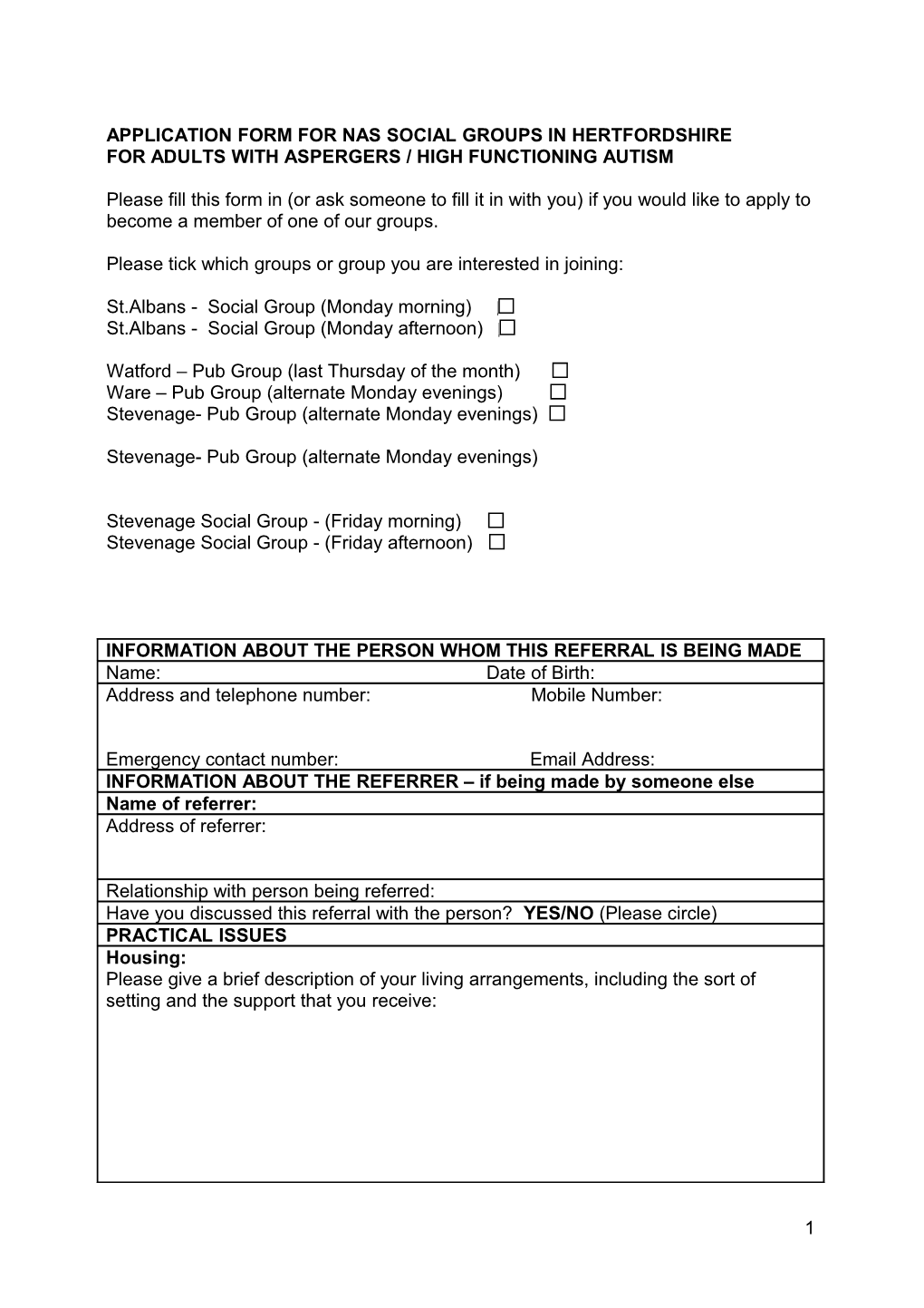 Application from for Social Group for Adults with Asperges / High Functioning Autism
