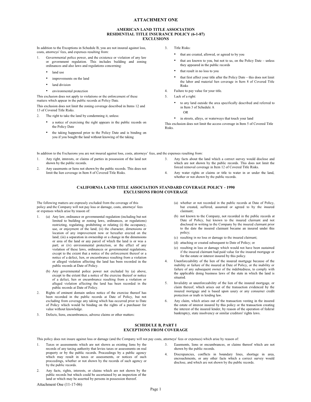Residential Title Insurance Policy (6-1-87)