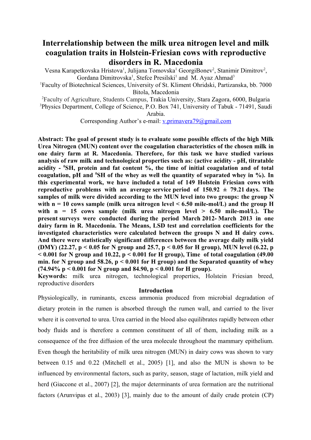 Interrelationship Between the Milk Urea Nitrogen Level and Milk Coagulation Traits In