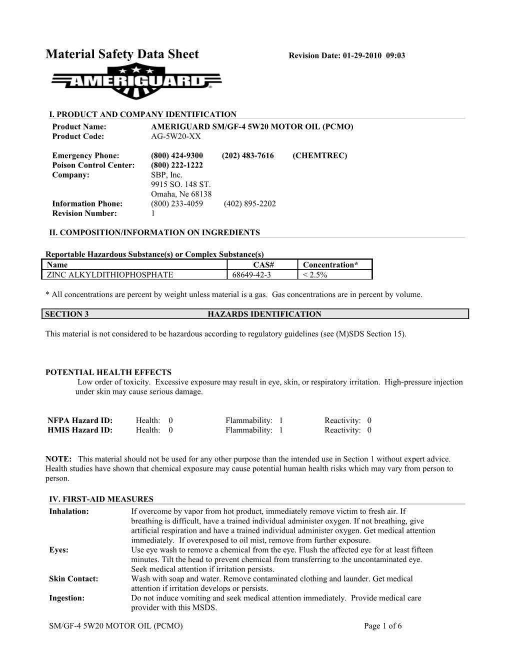 Material Safety Data Sheet Revision Date: 01-29-2010 09:03