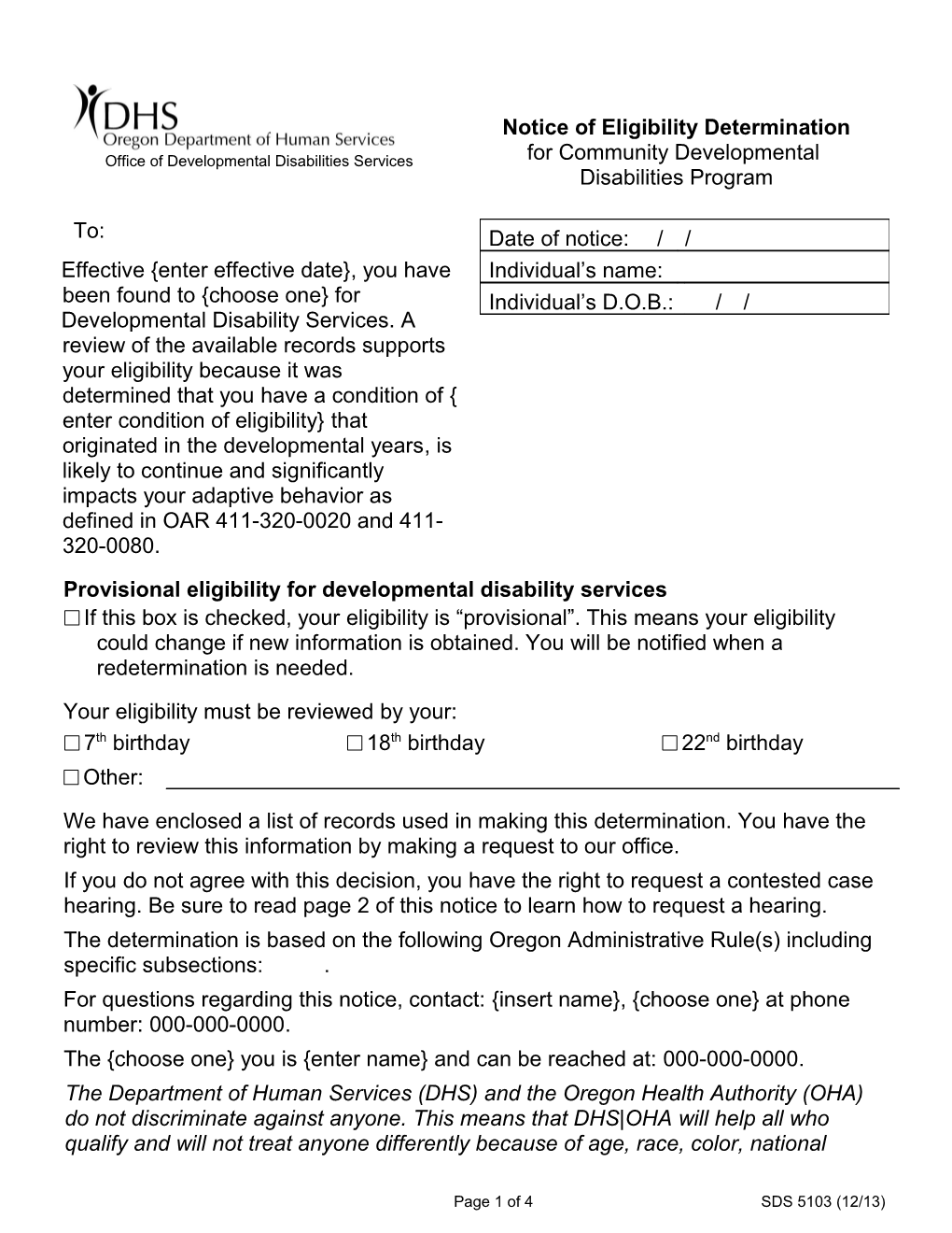 Notice of Eligibility Determination SDS 5103 6/13