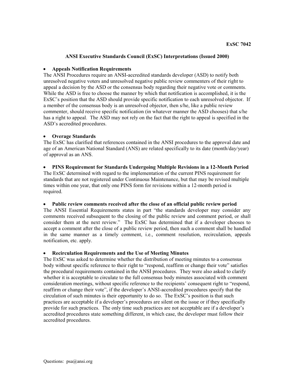 ANSI Executive Standards Council (Exsc) Interpretations - Issued in 2000