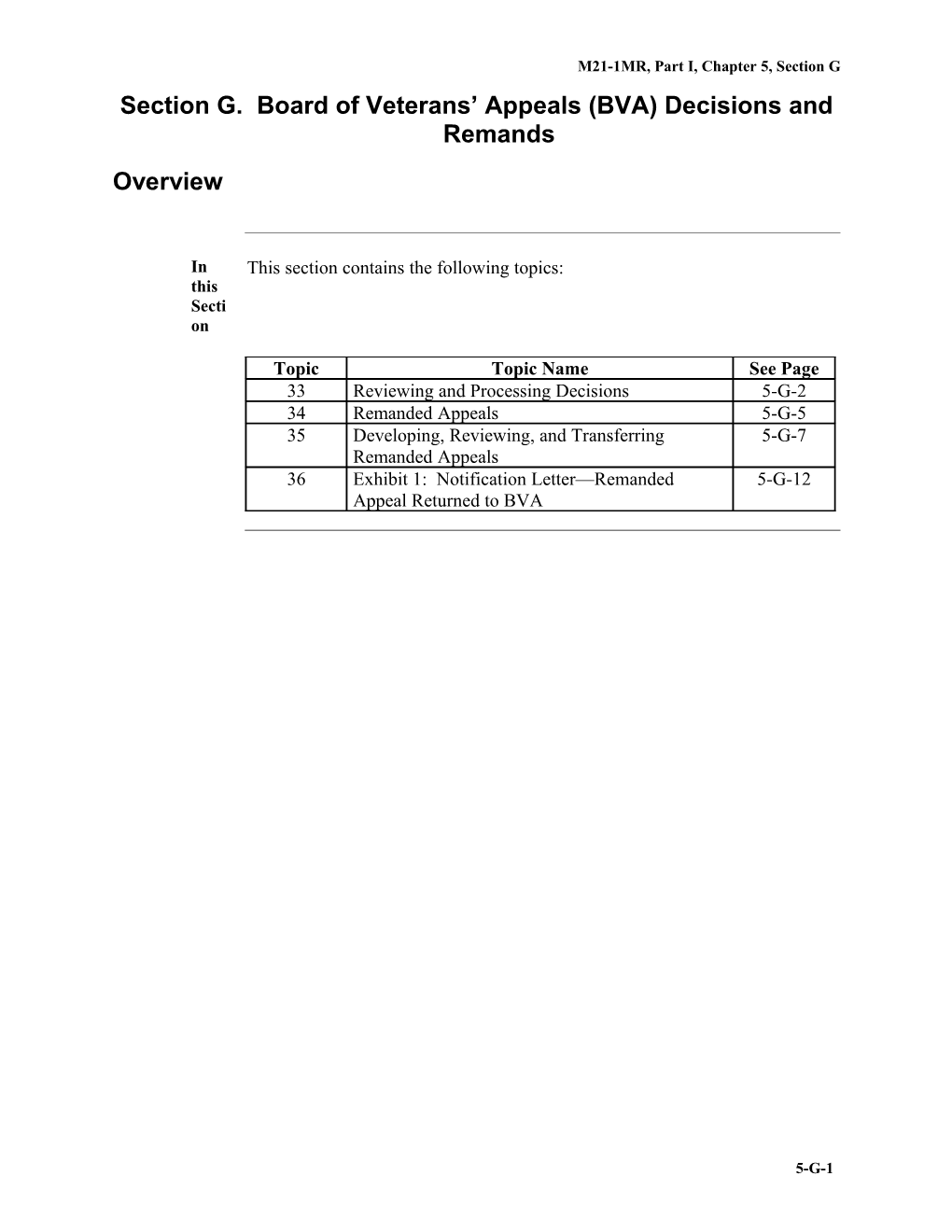 Part I, Chapter 5, Section G. Board of Veterans' Appeals (BVA) Decisions and Remands (Department