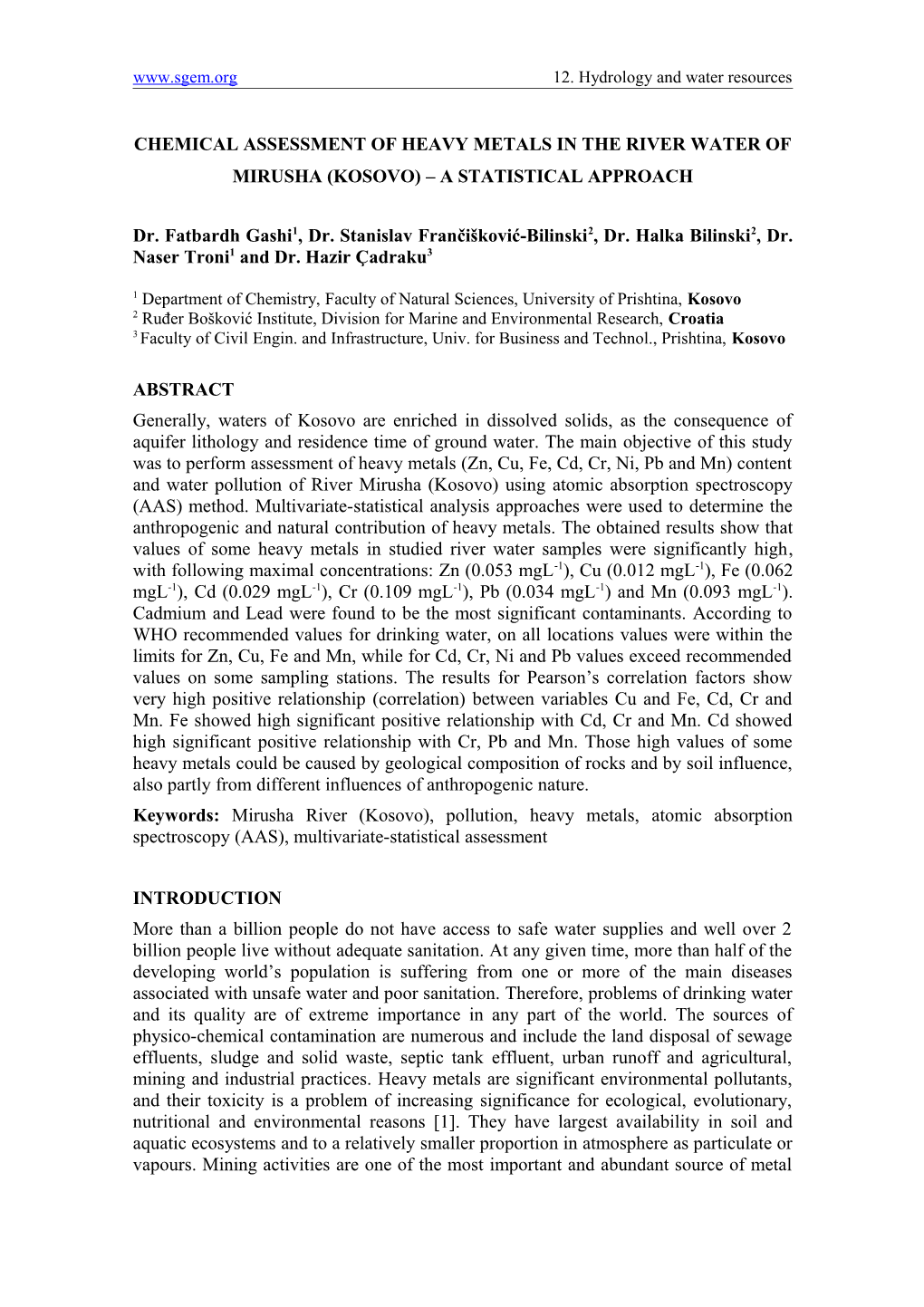 Chemical Assessment of Heavy Metals in the River Water of Mirusha (Kosovo) a Statistical