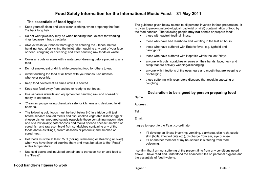 Food Safety Information for the International Music Feast 31 May 2011