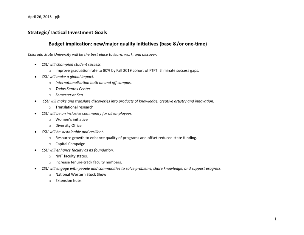 Budget Implication: New/Major Quality Initiatives (Base &/Or One-Time)