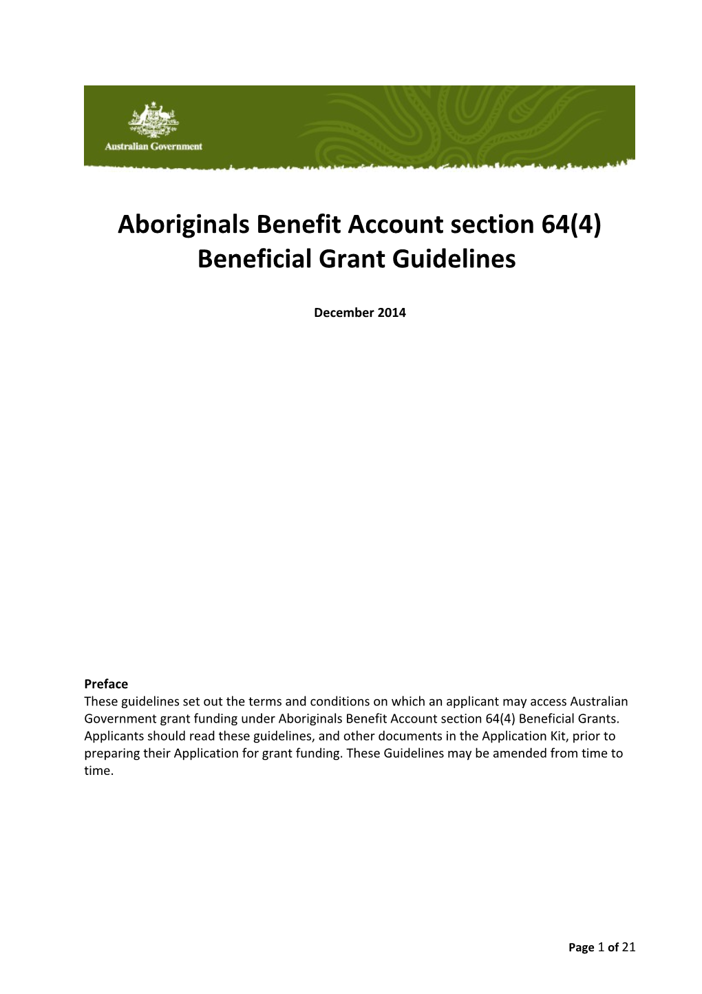 Aboriginals Benefit Account Section 64(4) Beneficial Grant Guidelines