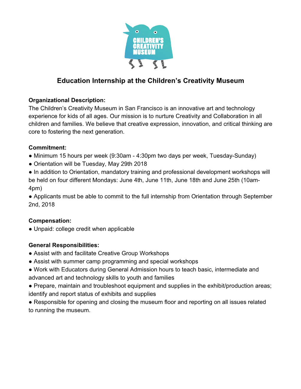 Education Internship at the Children S Creativity Museum