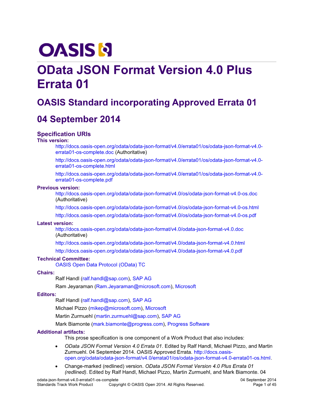 Odata JSON Format Version 4.0 Plus Errata 01